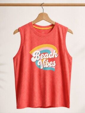 Secret Treasures Coral Tank with Retro 'Beach Vibes' Graphic
